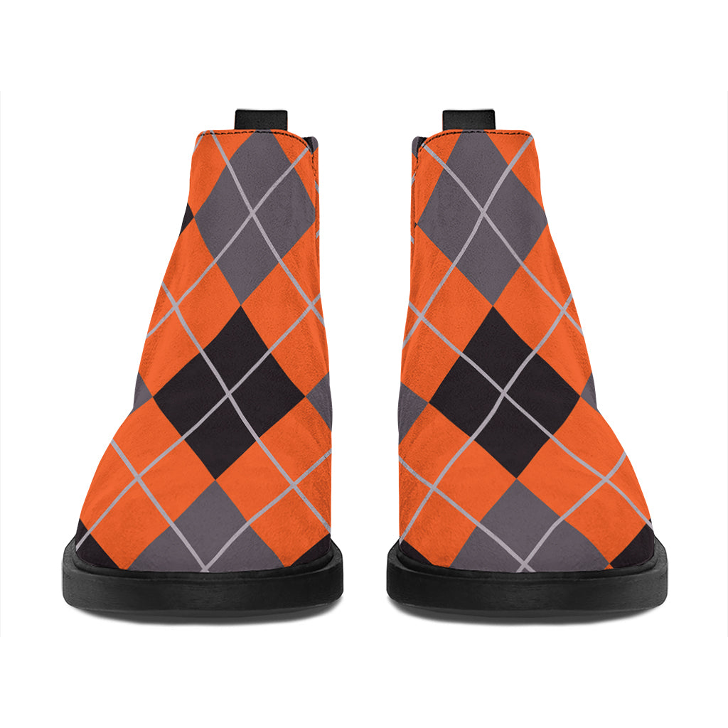Orange And Grey Halloween Argyle Print Flat Ankle Boots
