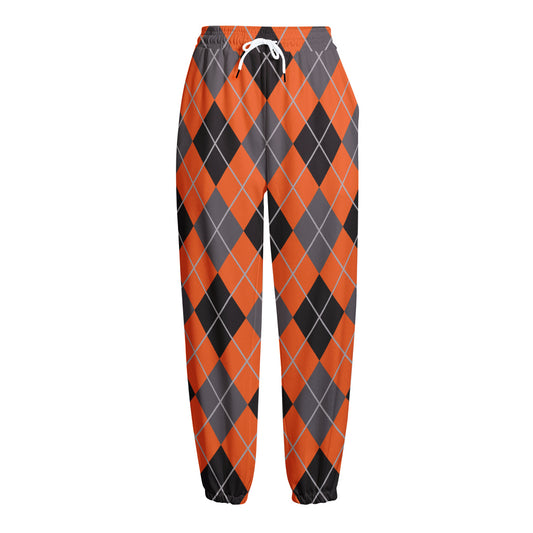 Orange And Grey Halloween Argyle Print Fleece Lined Knit Pants