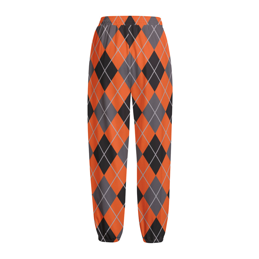 Orange And Grey Halloween Argyle Print Fleece Lined Knit Pants