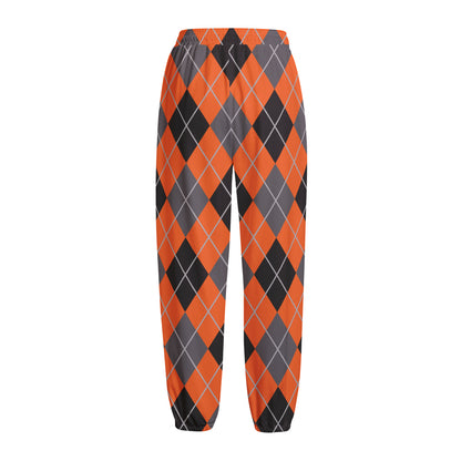 Orange And Grey Halloween Argyle Print Fleece Lined Knit Pants