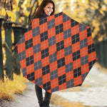Orange And Grey Halloween Argyle Print Foldable Umbrella