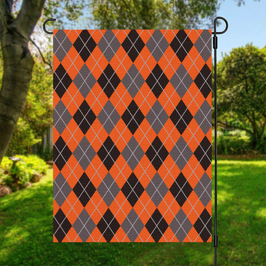 Orange And Grey Halloween Argyle Print Garden Flag