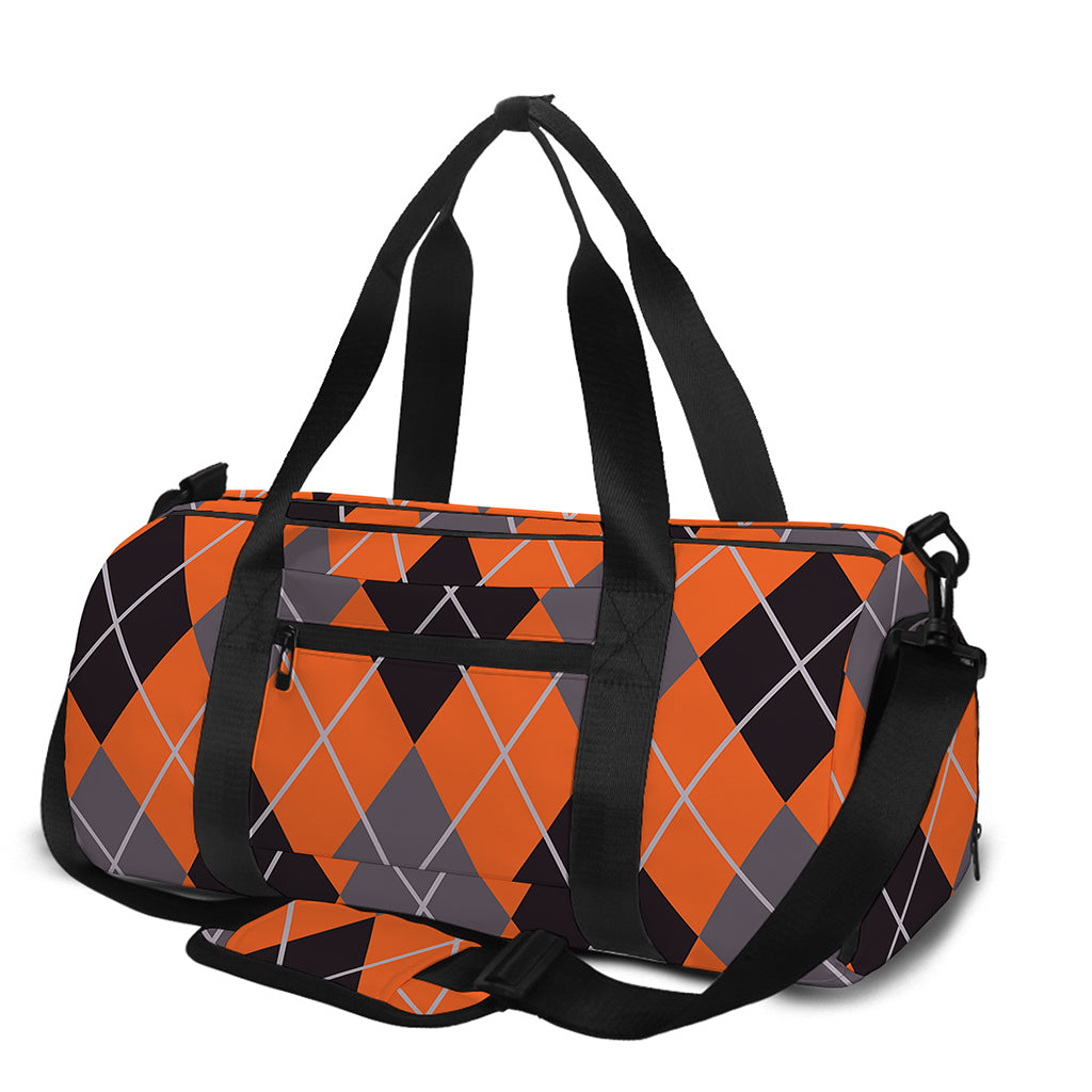 Orange And Grey Halloween Argyle Print Gym Bag