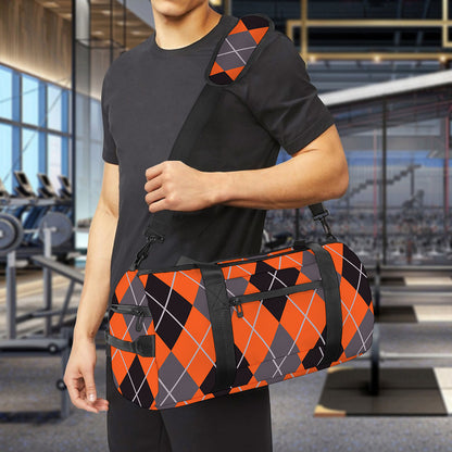 Orange And Grey Halloween Argyle Print Gym Bag