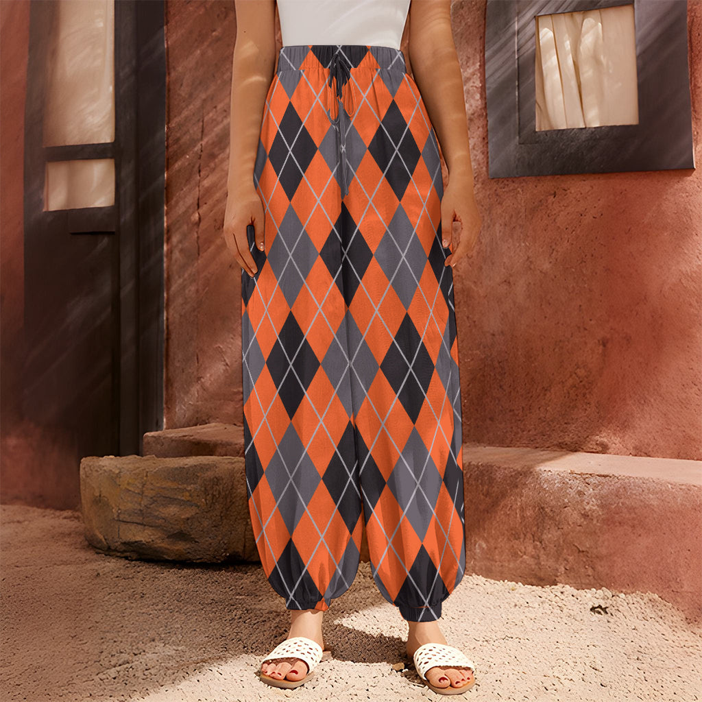 Orange And Grey Halloween Argyle Print Harem Pants
