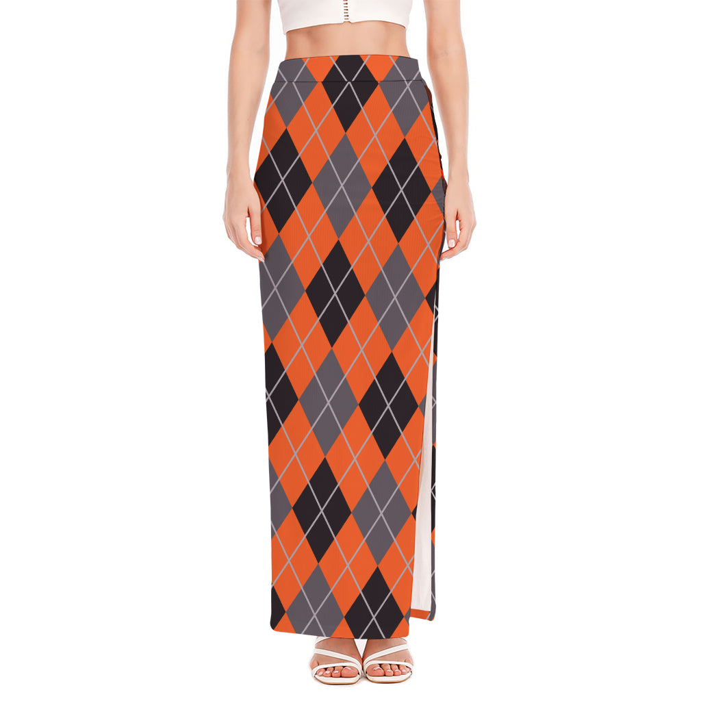 Orange And Grey Halloween Argyle Print High Slit Maxi Skirt
