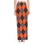 Orange And Grey Halloween Argyle Print High Slit Maxi Skirt