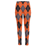 Orange And Grey Halloween Argyle Print High-Waisted Pocket Leggings
