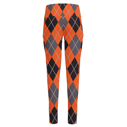 Orange And Grey Halloween Argyle Print High-Waisted Pocket Leggings