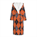 Orange And Grey Halloween Argyle Print Hooded Bathrobe