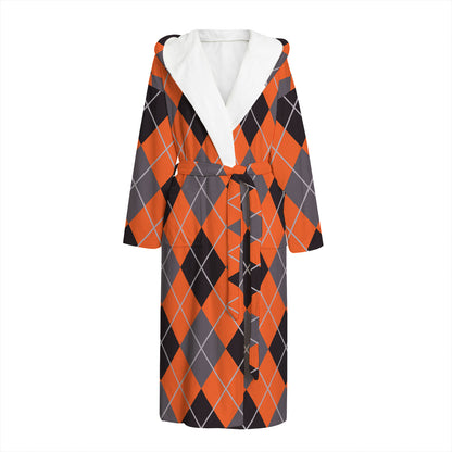 Orange And Grey Halloween Argyle Print Hooded Bathrobe