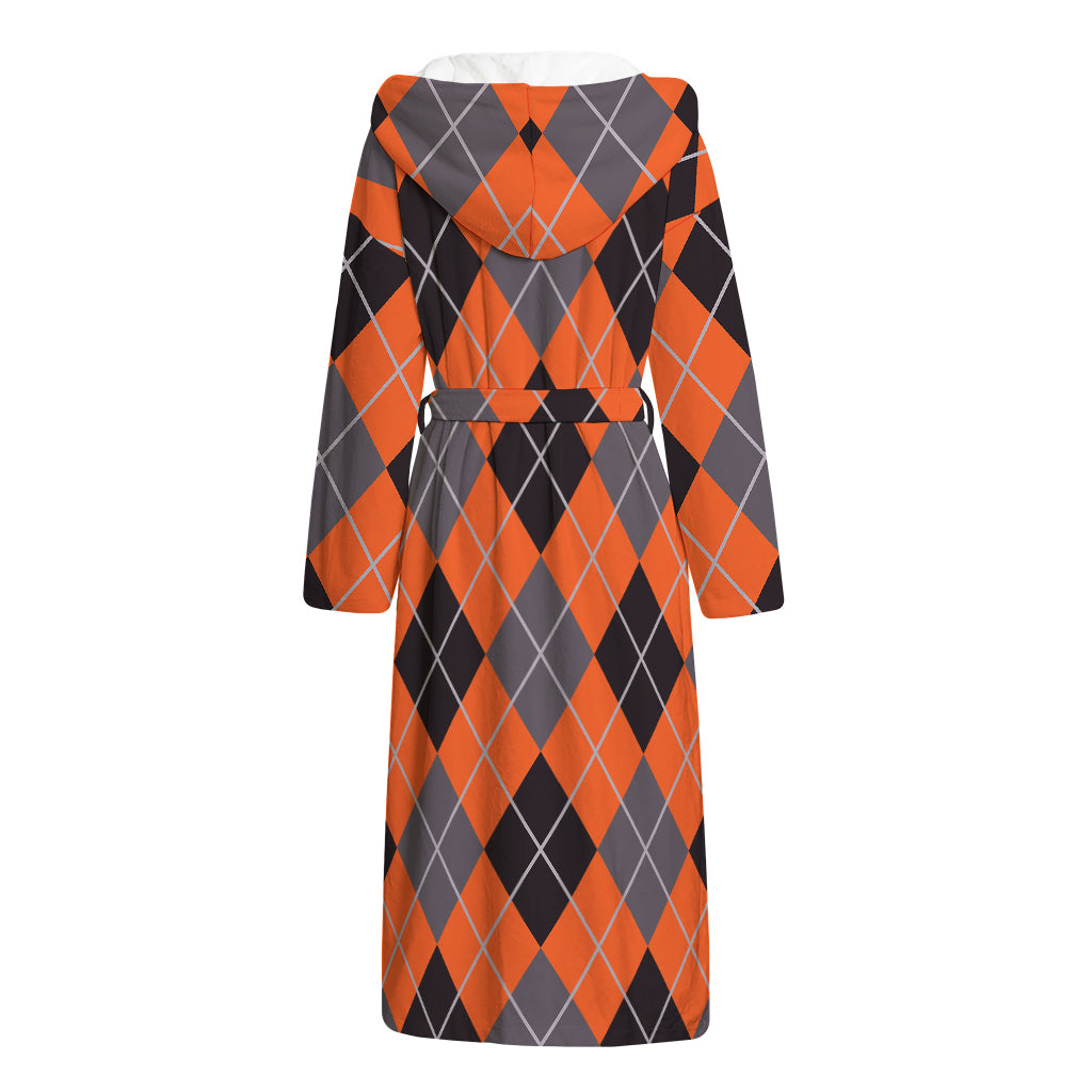 Orange And Grey Halloween Argyle Print Hooded Bathrobe