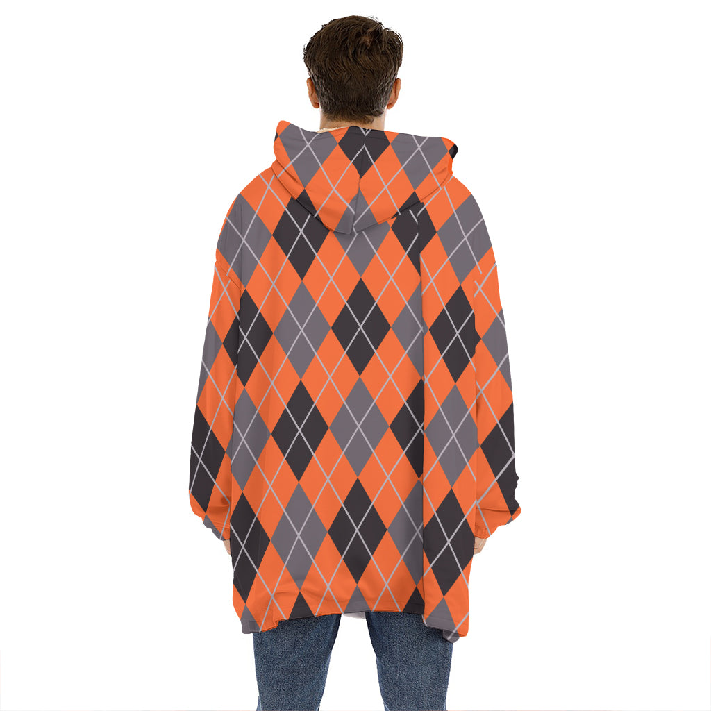 Orange And Grey Halloween Argyle Print Hoodie Blanket