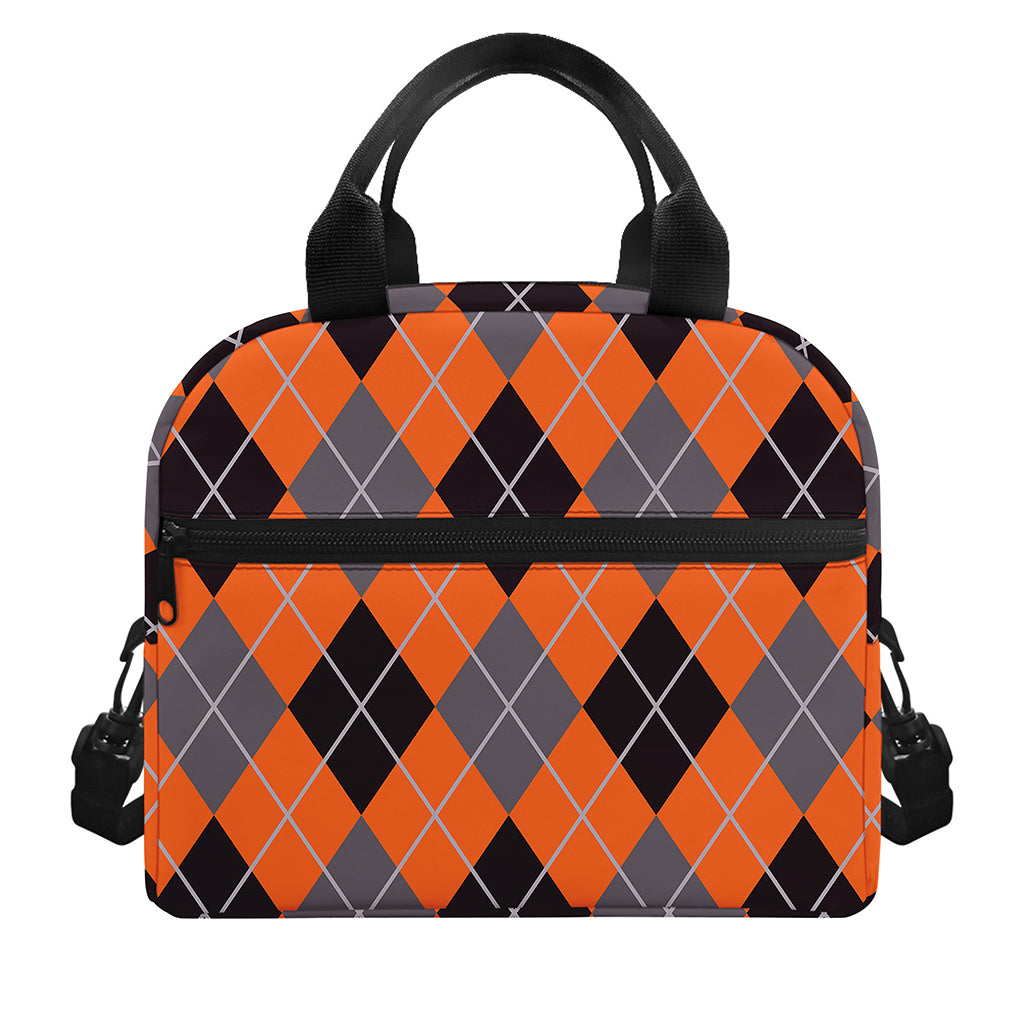 Orange And Grey Halloween Argyle Print Insulated Lunch Bag