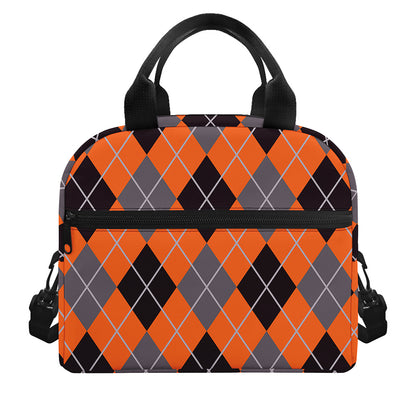 Orange And Grey Halloween Argyle Print Insulated Lunch Bag