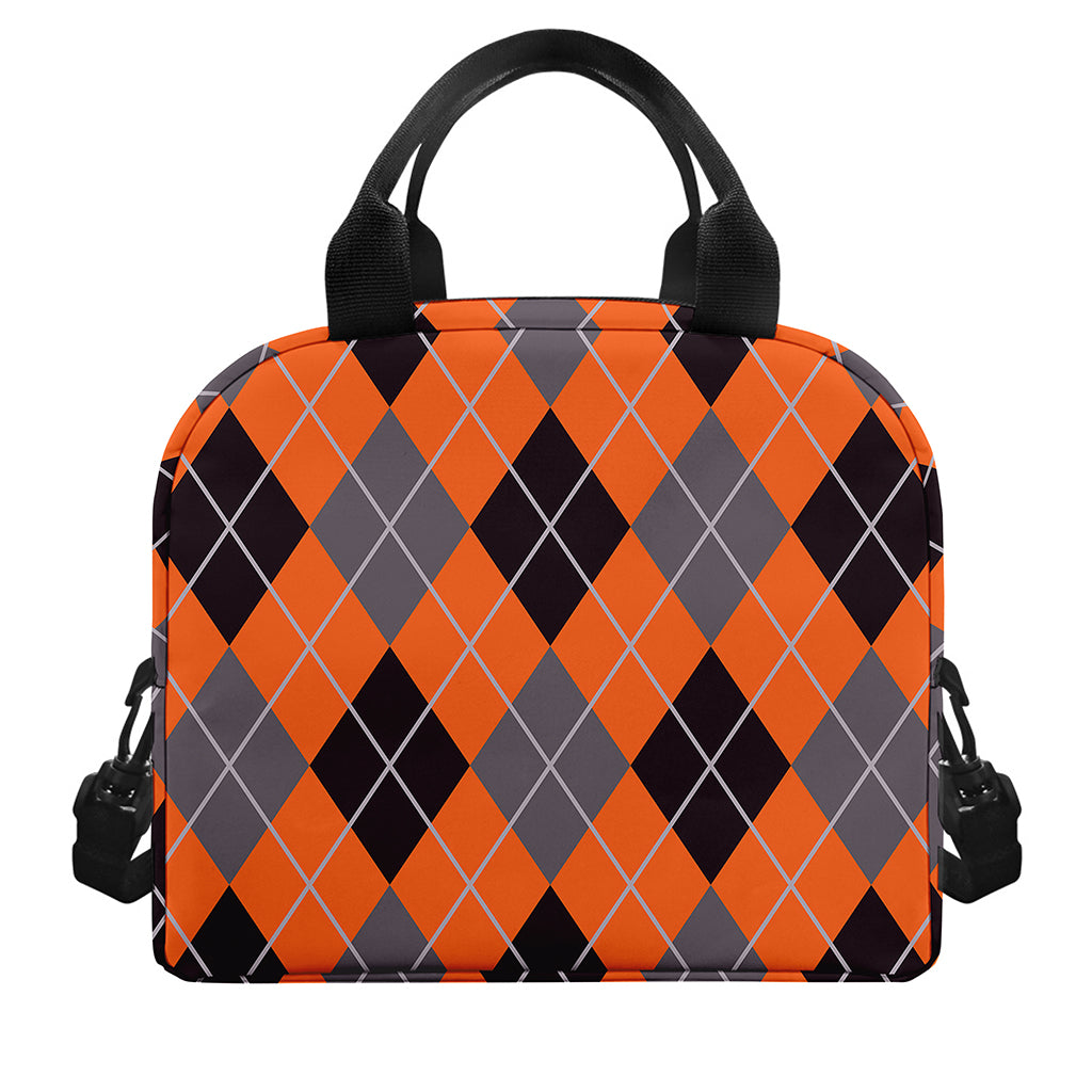 Orange And Grey Halloween Argyle Print Insulated Lunch Bag