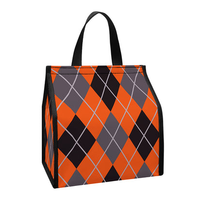 Orange And Grey Halloween Argyle Print Insulated Lunch Tote
