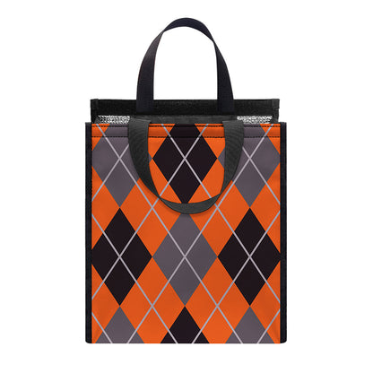 Orange And Grey Halloween Argyle Print Insulated Lunch Tote