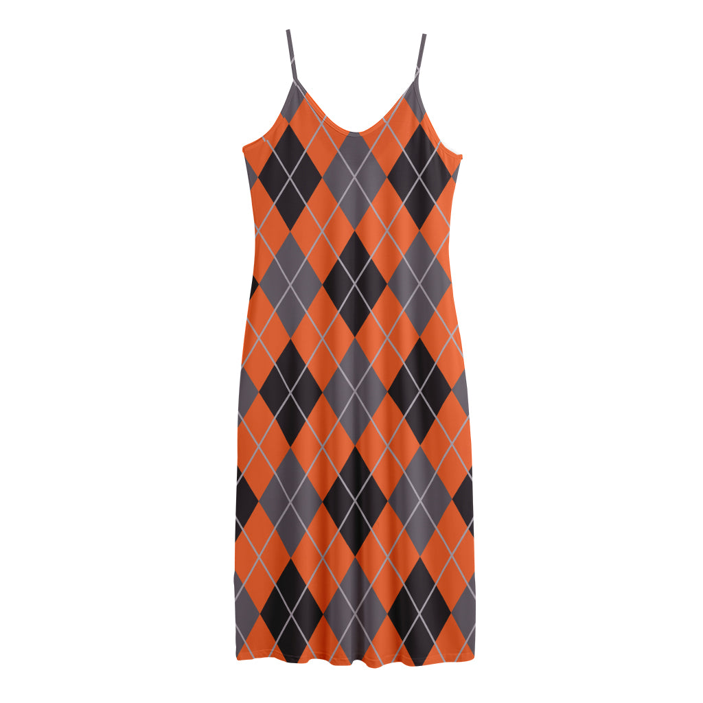 Orange And Grey Halloween Argyle Print Jersey Midi Cami Dress