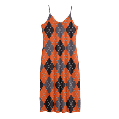 Orange And Grey Halloween Argyle Print Jersey Midi Cami Dress