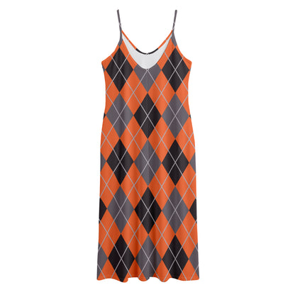 Orange And Grey Halloween Argyle Print Jersey Midi Cami Dress