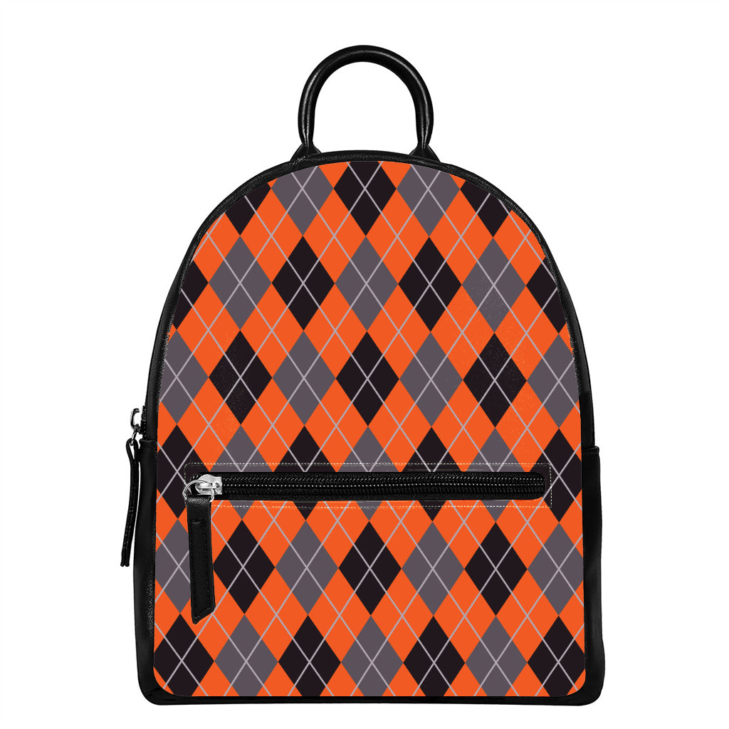 Orange And Grey Halloween Argyle Print Leather Backpack