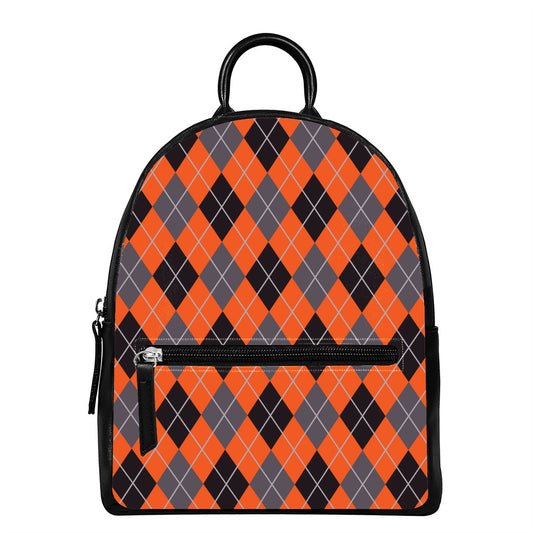 Orange And Grey Halloween Argyle Print Leather Backpack