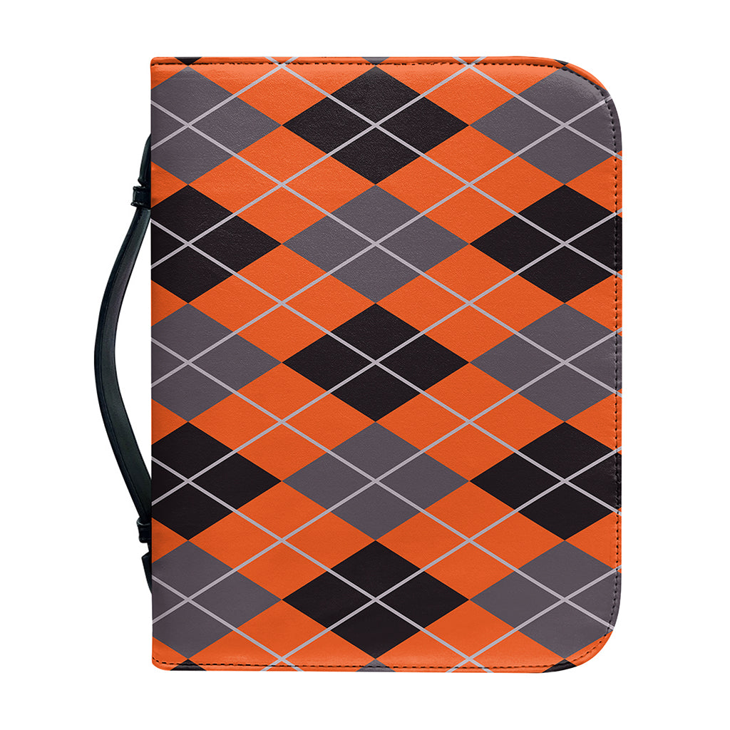 Orange And Grey Halloween Argyle Print Leather Bible Cover