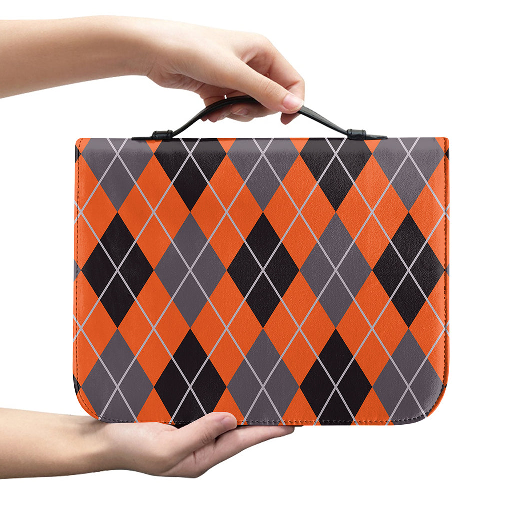 Orange And Grey Halloween Argyle Print Leather Bible Cover