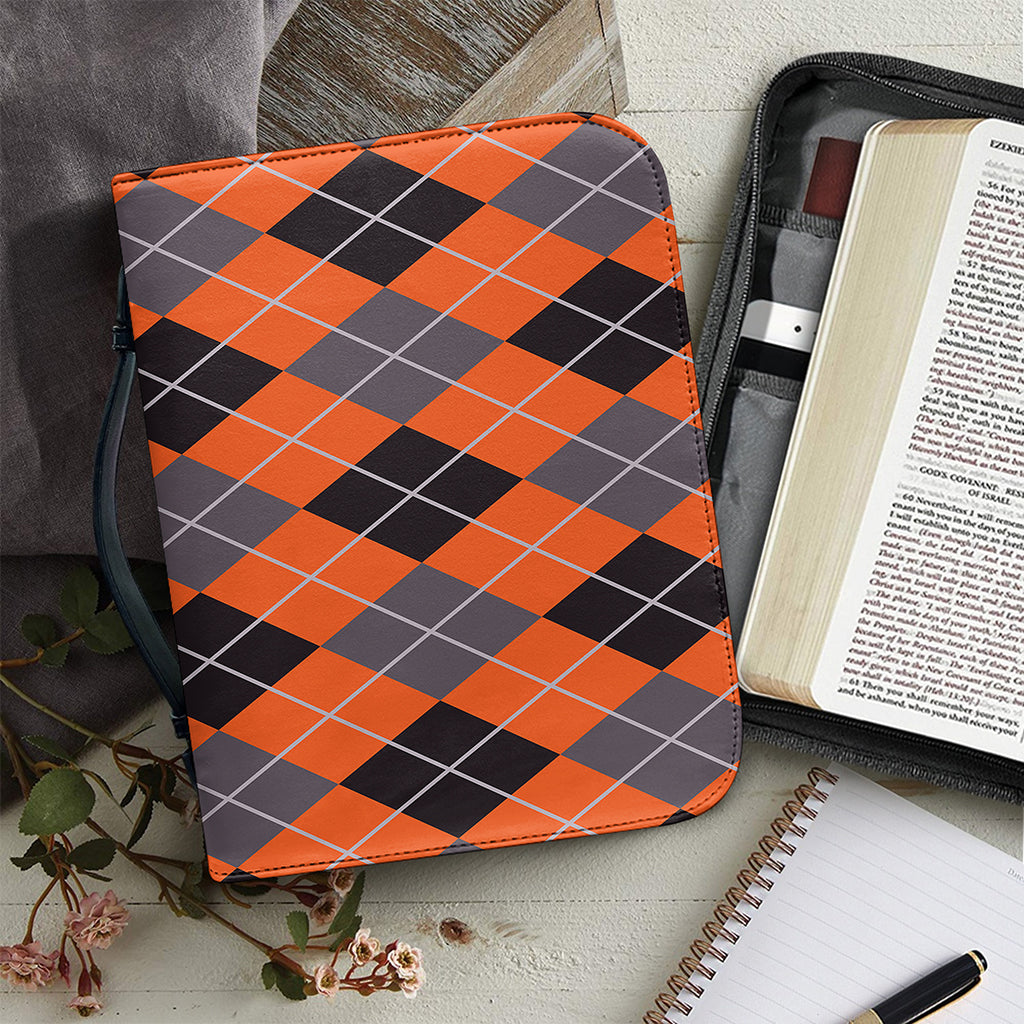 Orange And Grey Halloween Argyle Print Leather Bible Cover