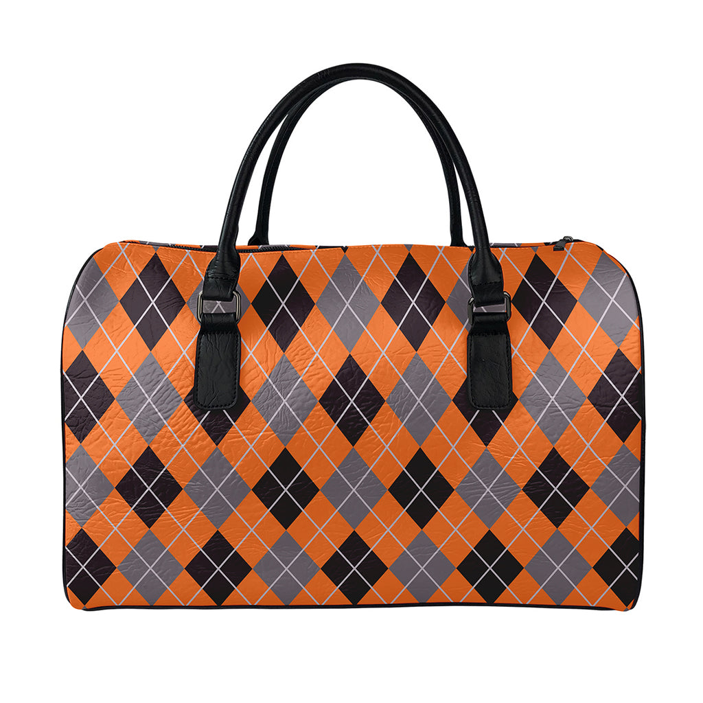 Orange And Grey Halloween Argyle Print Leather Duffle Bag