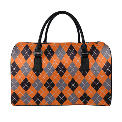 Orange And Grey Halloween Argyle Print Leather Duffle Bag