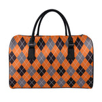 Orange And Grey Halloween Argyle Print Leather Duffle Bag