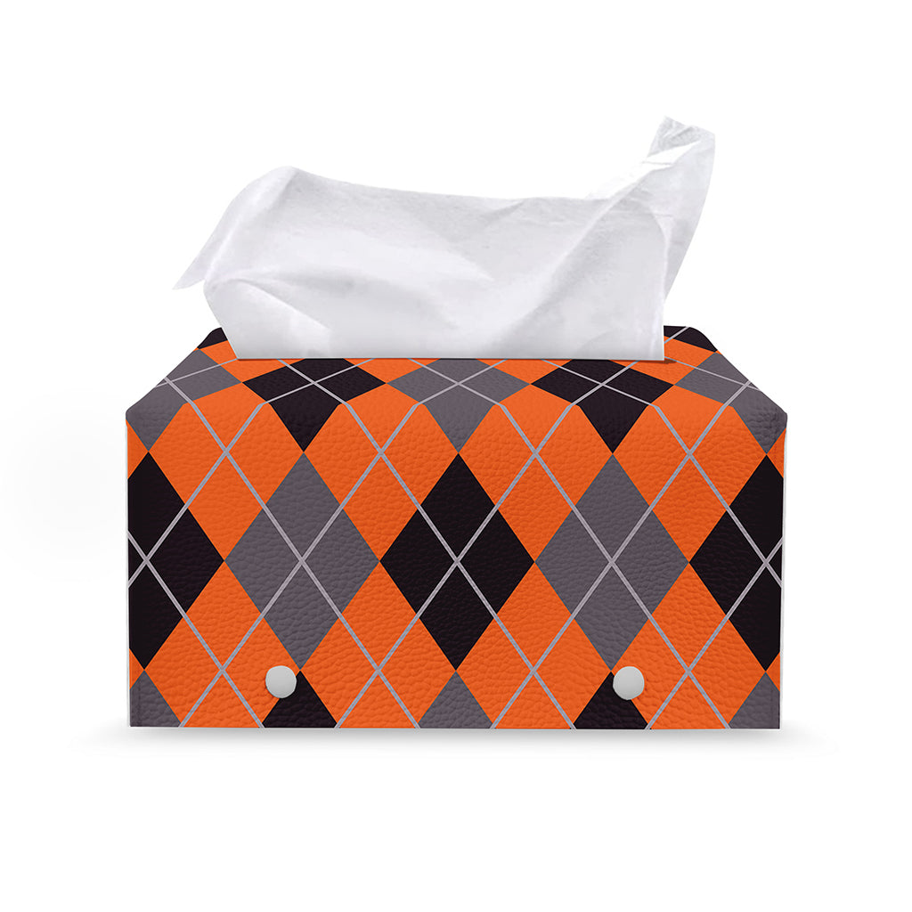 Orange And Grey Halloween Argyle Print Leather Tissue Box Cover