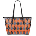 Orange And Grey Halloween Argyle Print Leather Tote Bag With Zipper