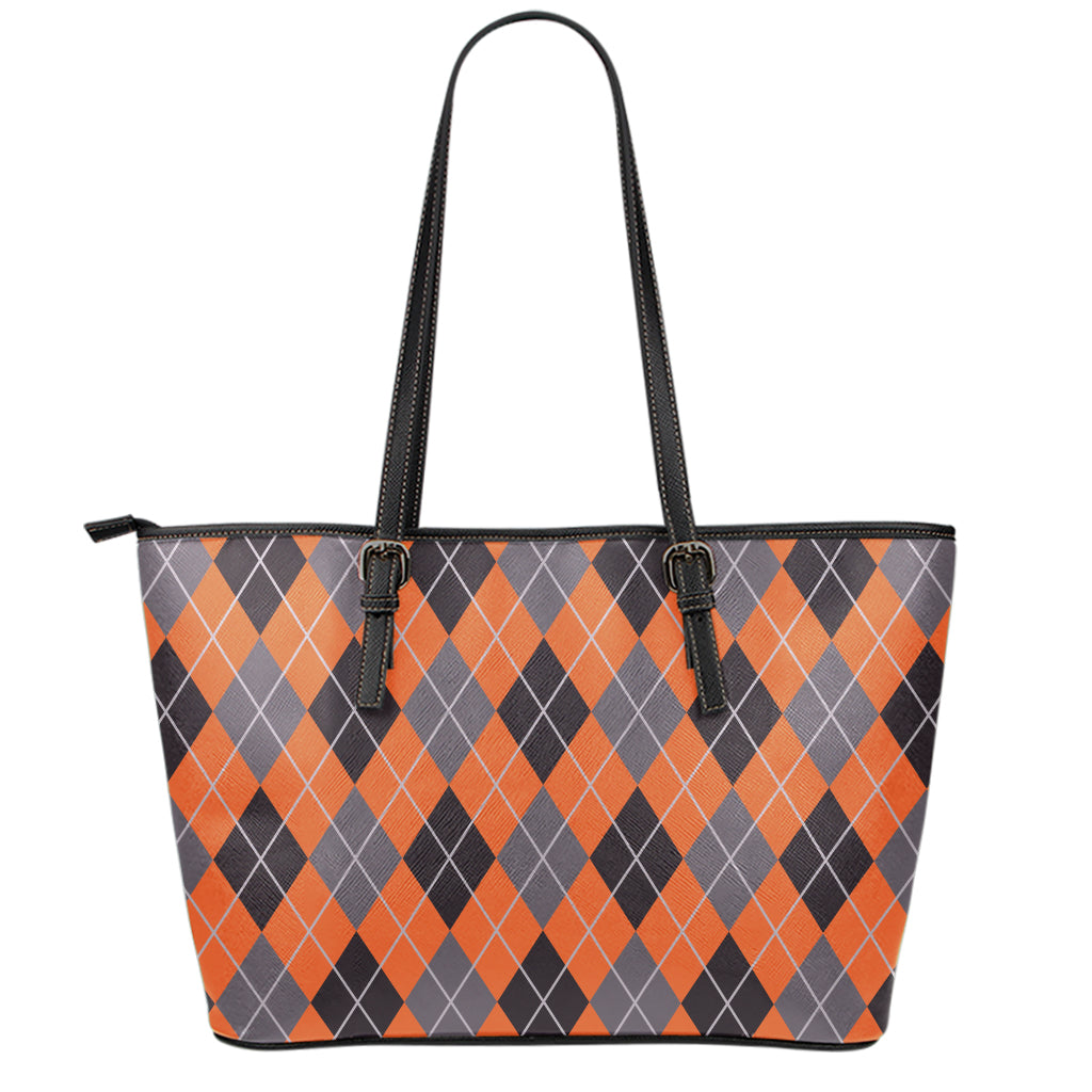 Orange And Grey Halloween Argyle Print Leather Tote Bag