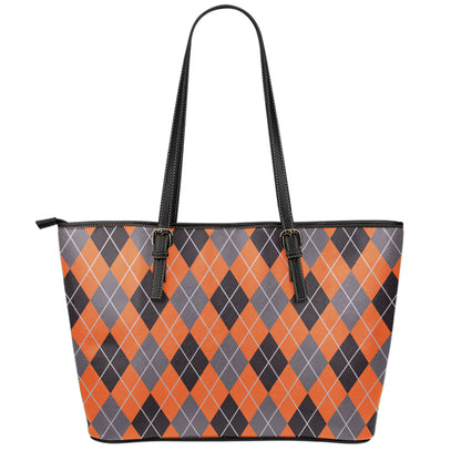 Orange And Grey Halloween Argyle Print Leather Tote Bag