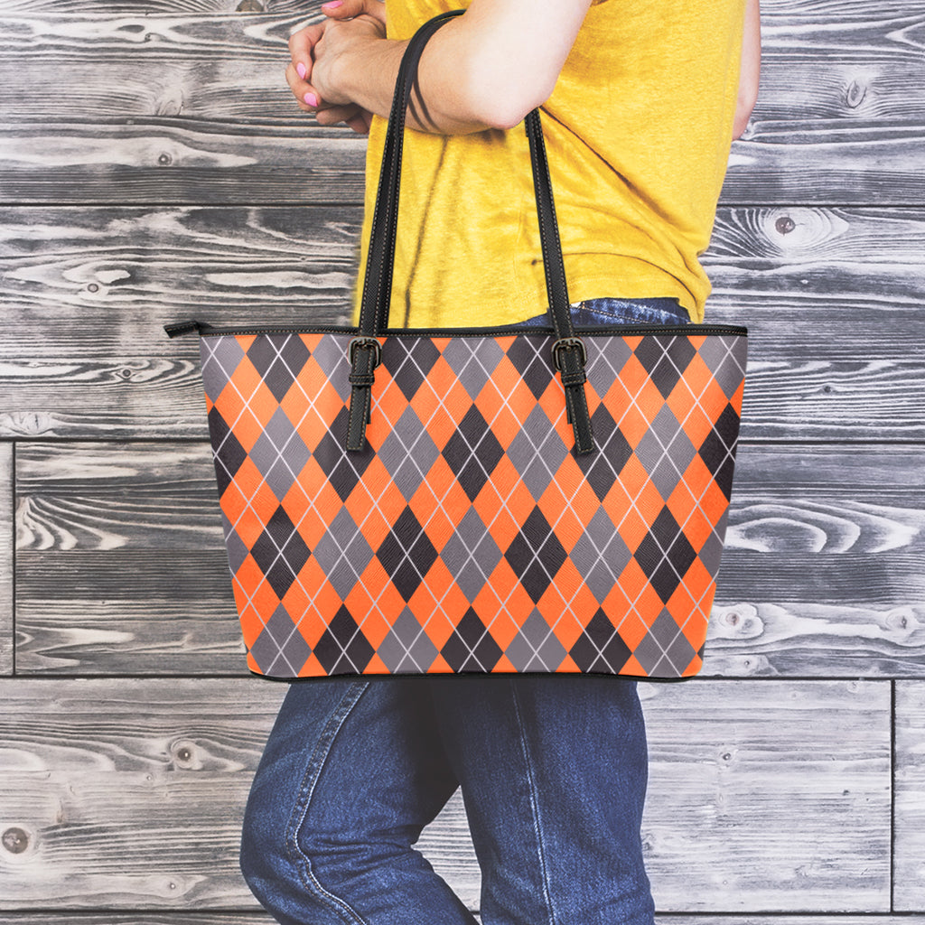 Orange And Grey Halloween Argyle Print Leather Tote Bag
