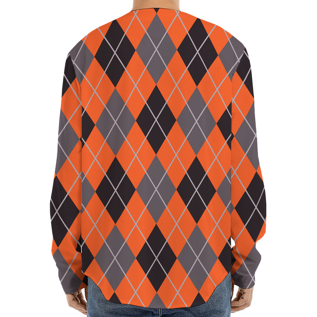 Orange And Grey Halloween Argyle Print Long Sleeve Baseball Jersey