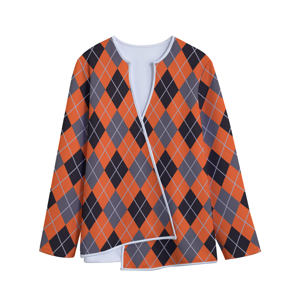 Orange And Grey Halloween Argyle Print Long Sleeve Short Coat