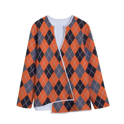 Orange And Grey Halloween Argyle Print Long Sleeve Short Coat
