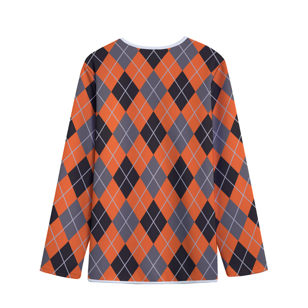 Orange And Grey Halloween Argyle Print Long Sleeve Short Coat