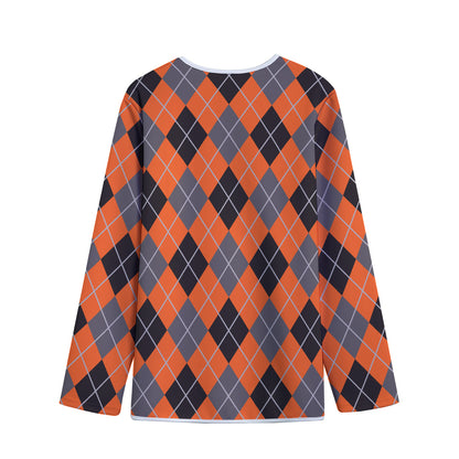 Orange And Grey Halloween Argyle Print Long Sleeve Short Coat