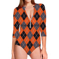 Orange And Grey Halloween Argyle Print Long Sleeve Swimsuit