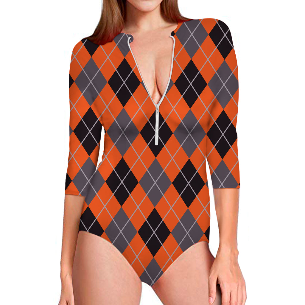 Orange And Grey Halloween Argyle Print Long Sleeve Swimsuit