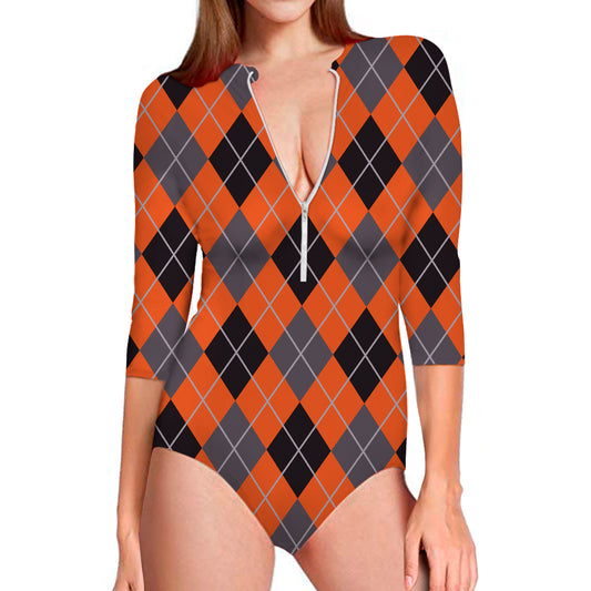 Orange And Grey Halloween Argyle Print Long Sleeve Swimsuit