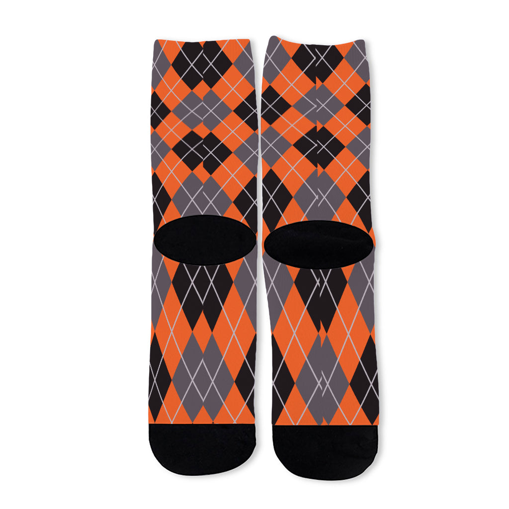 Orange And Grey Halloween Argyle Print Long Socks