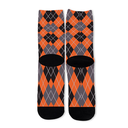Orange And Grey Halloween Argyle Print Long Socks