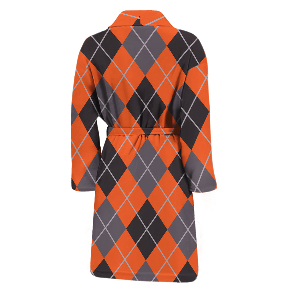 Orange And Grey Halloween Argyle Print Men's Bathrobe