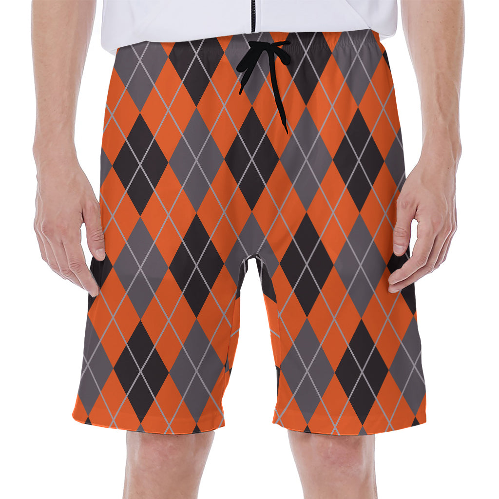 Orange And Grey Halloween Argyle Print Men's Beach Shorts